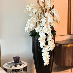 Shiny Black San Jose Vase with Cascading White Orchids
