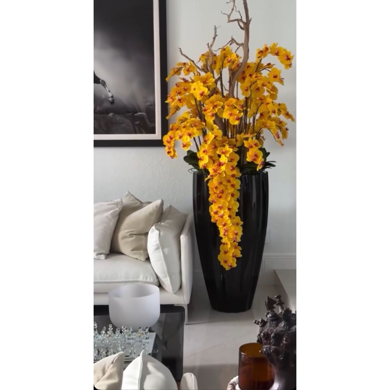 San Jose Vase in Glossy Black with Cascading Yellow Orchids