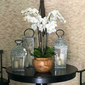 Large Teak Wood Bowl with White Orchids