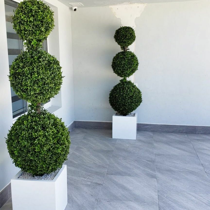 Triple Sphere Topiary with Medium Block Fiberglass Pot