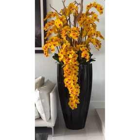 San Jose Vase in Glossy Black with Cascading Yellow Orchids