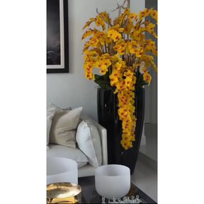 San Jose Vase in Glossy Black with Cascading Yellow Orchids
