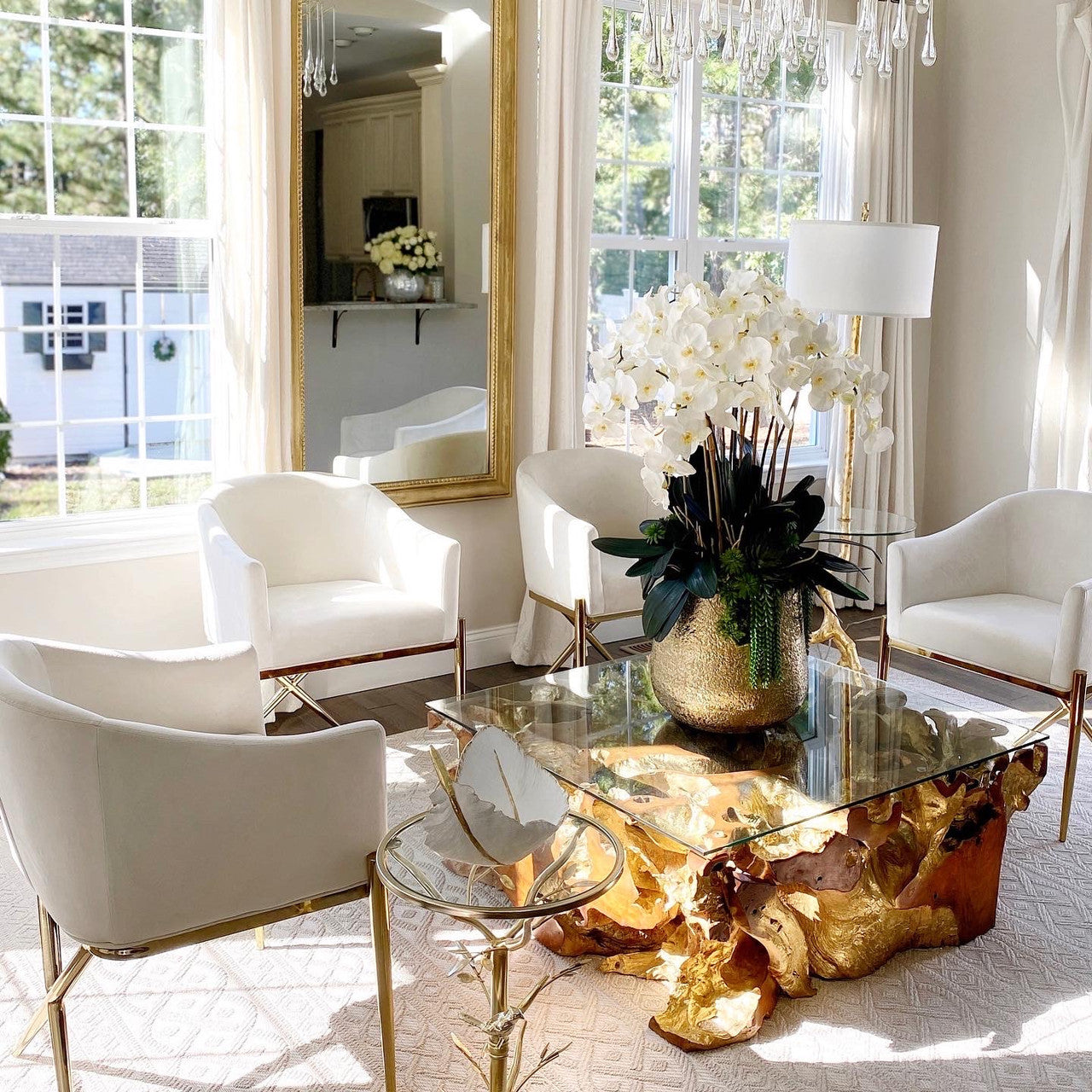 Delaney Vase in Gold with Multiple Phalaenopsis Orchid Stems and Succulents