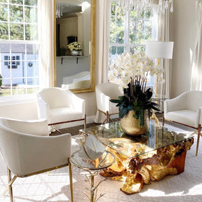 Delaney Vase in Gold with Multiple Phalaenopsis Orchid Stems and Succulents