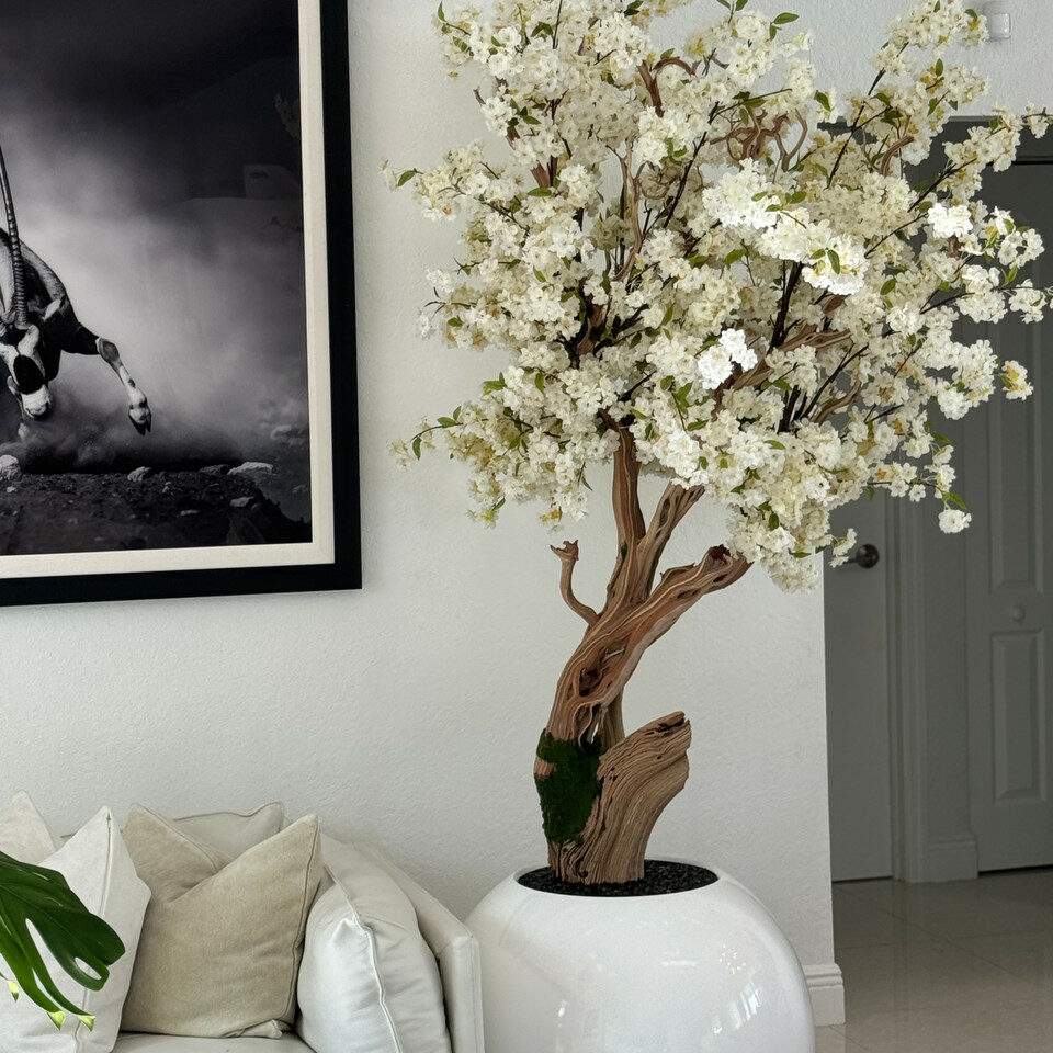 Personalized Cherry Blossom Tree in Glossy White Globe Vase