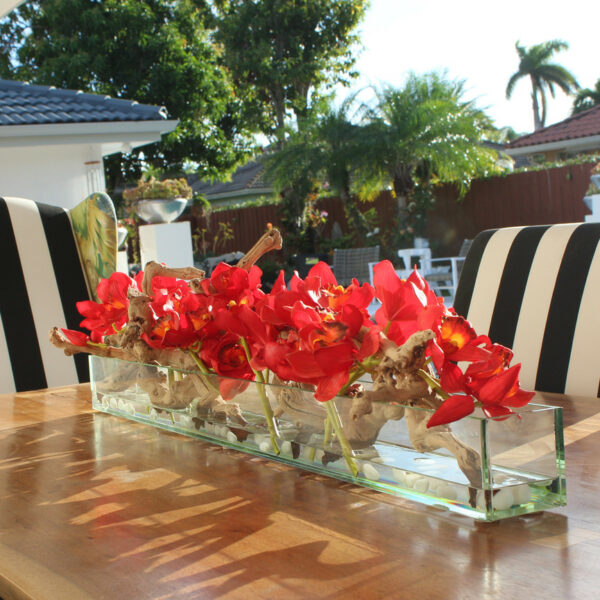 Modern House 48" Glass Planter with Red Cymbidiums