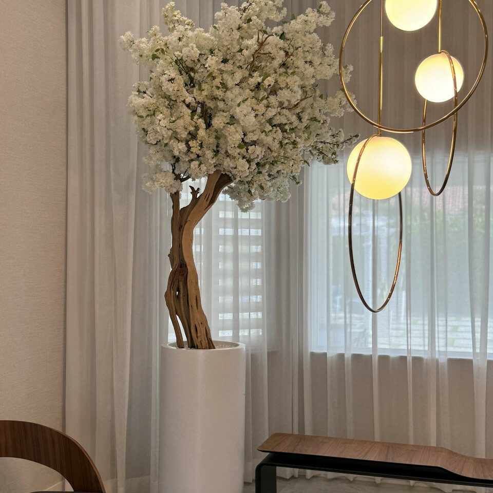Matte Beige St. Tropez Vase with White Cherry Blossom Tree