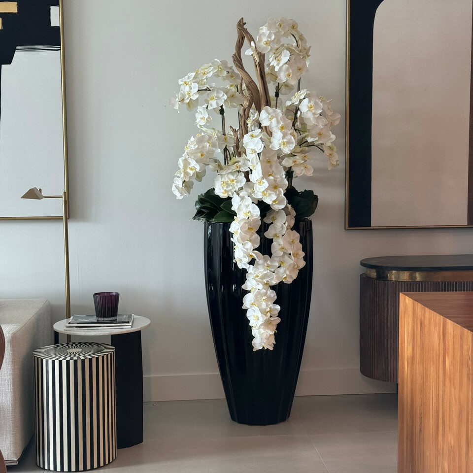Shiny Black San Jose Vase with Cascading White Orchids