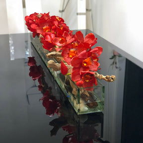 Modern House 48" Glass Planter with Red Cymbidiums