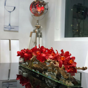 Modern House 48" Glass Planter with Red Cymbidiums