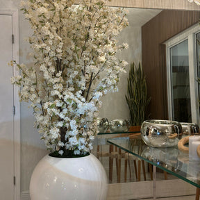 Glossy White Globe Vase with White Cherry Blossom Branches – 185 cm