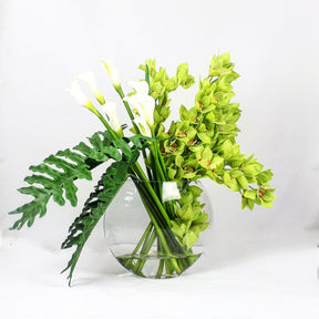 Lunar Vase with Green Cymbidiums and Callas