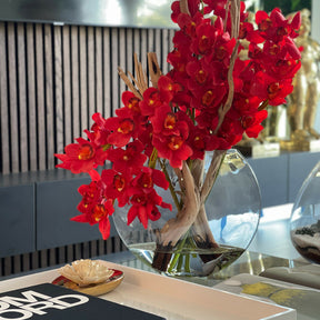 Red Cymbidiums in Moon Vase