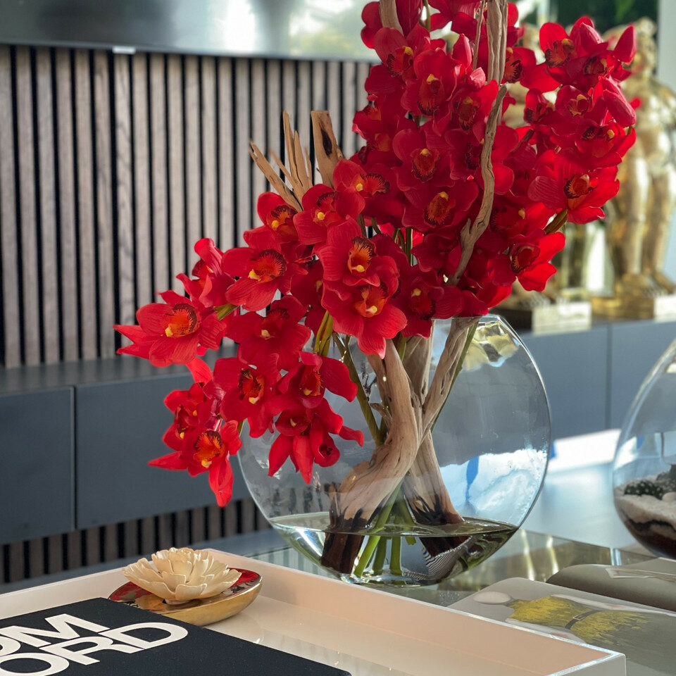 Red Cymbidiums in Moon Vase