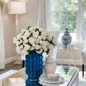 English White Roses in Textured Blue Vase