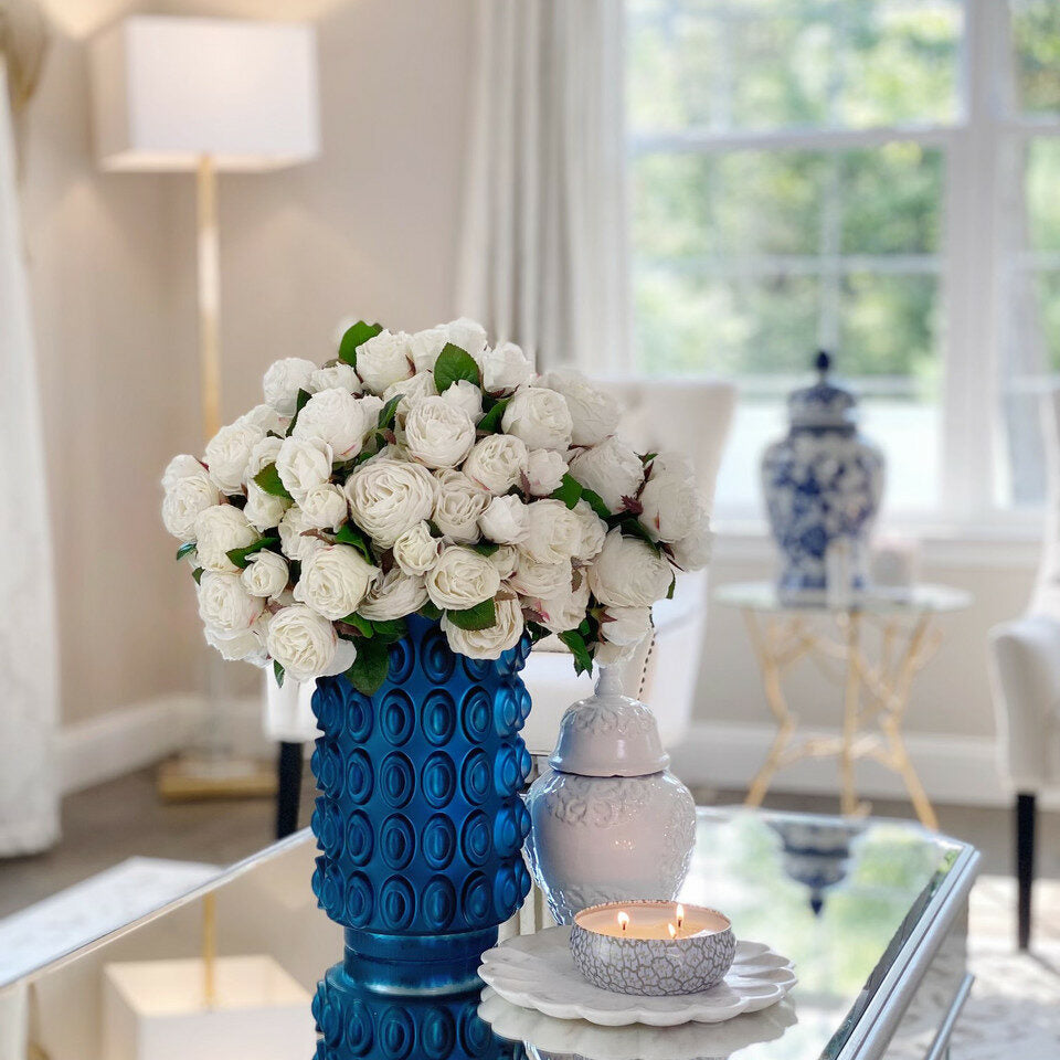 English White Roses in Textured Blue Vase