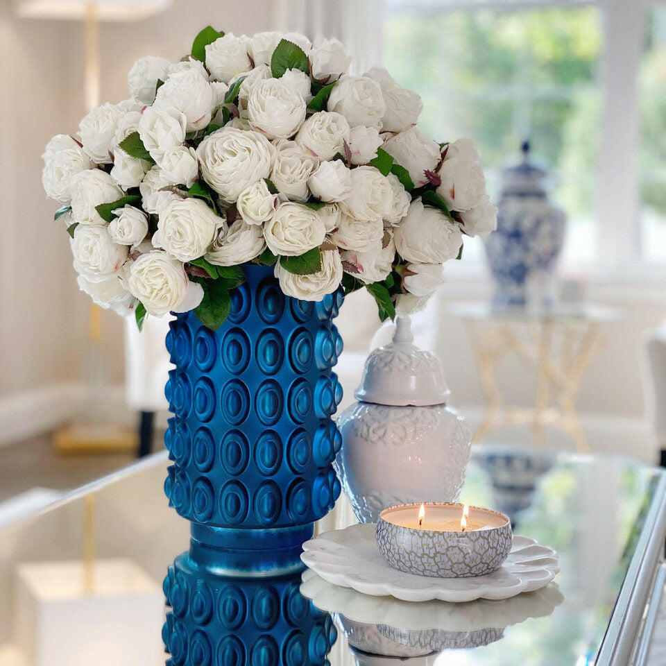 English White Roses in Textured Blue Vase