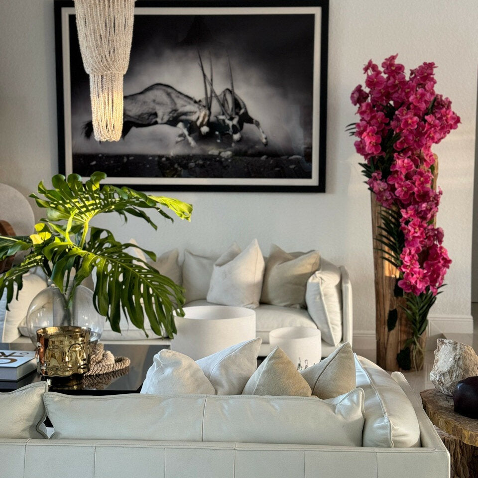 Large Teak Wood Vase with Natural Edges and Pink Vanda Orchids