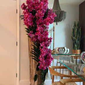 Large Teak Wood Vase with Natural Edges and Pink Vanda Orchids
