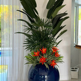 Mix of Tropical Plants in a Cobalt Blue Globe Planter