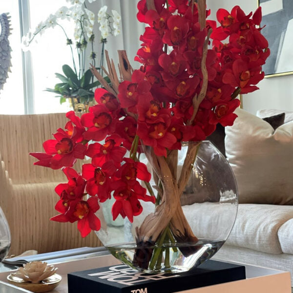 Red Cymbidiums in Moon Vase