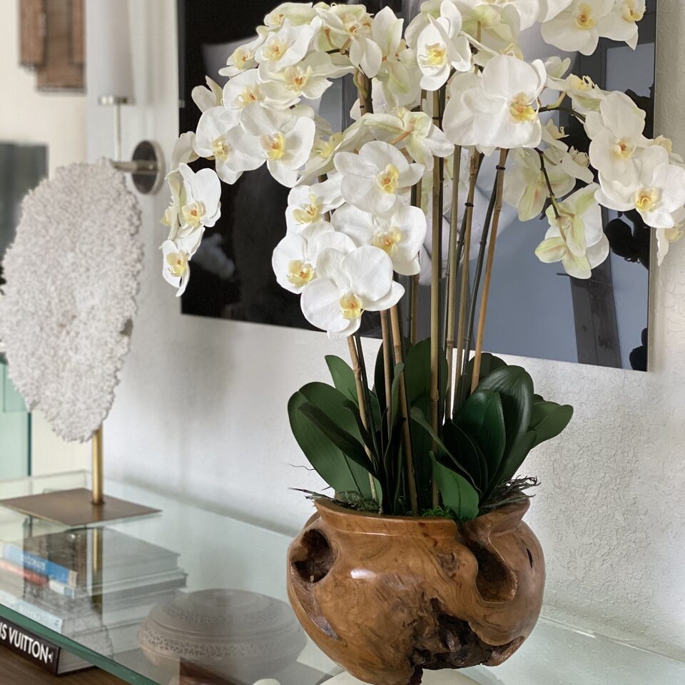 Large Teak Wood Bowl with White Orchids